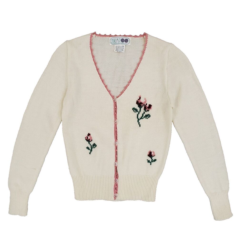 Vtg 70s Hukapoo Knit Embroidered Cardigan Sweater M Coquette Dainty Cottagecore